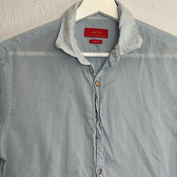 Zara Man Basic Slim Fit Lightweight Blue Long Sleeve Button Down Size Medium - Picture 2 of 11
